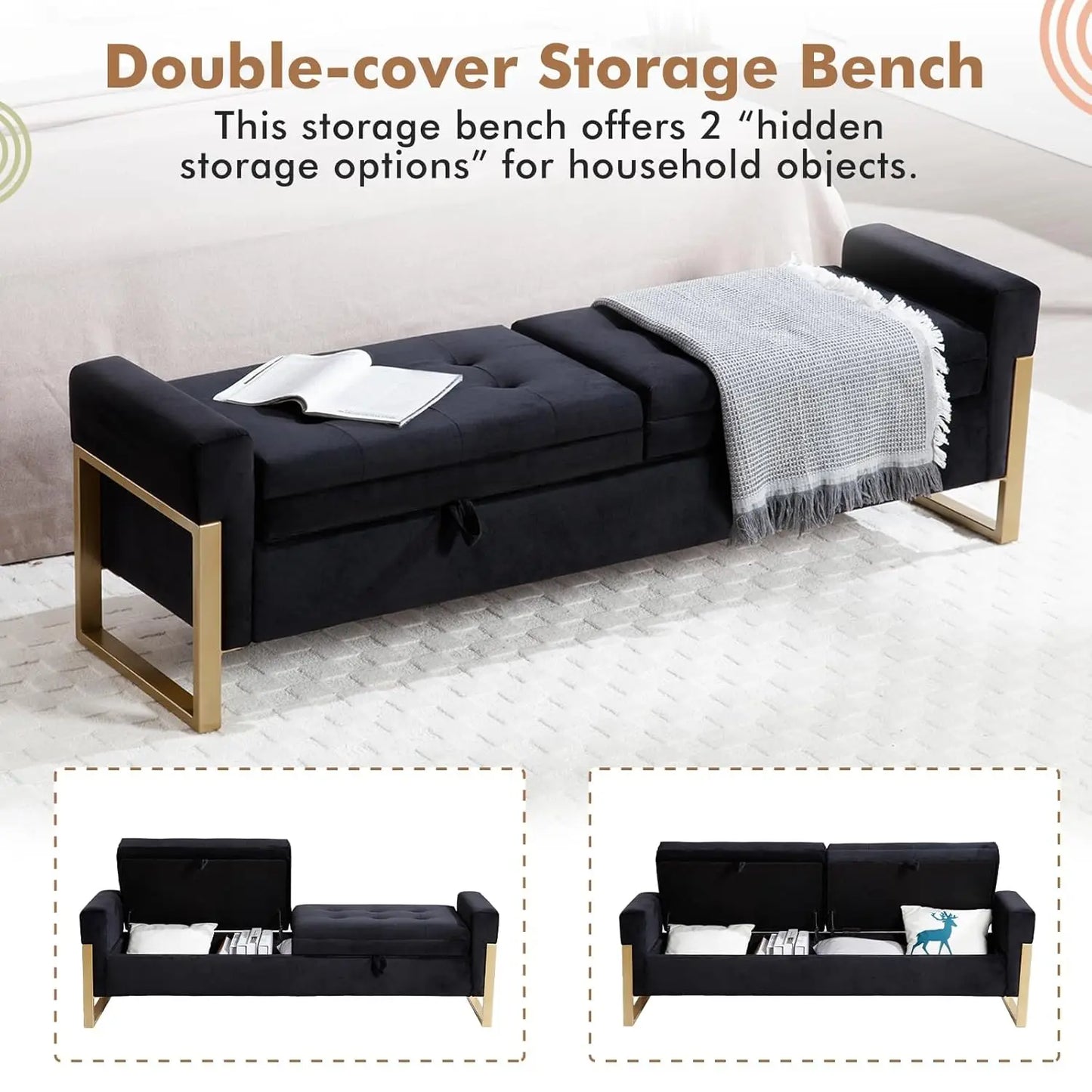 Bed End Storage Bench With Velvet Upholstery And Metal Legs