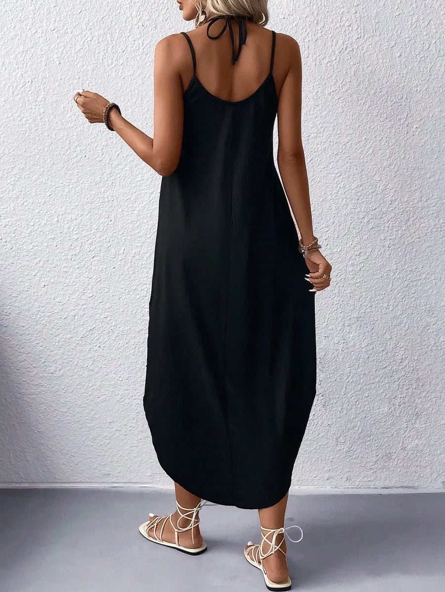Sleeveless V Neck Maxi Dress With Side Slit Flowy Fit Casual Summer