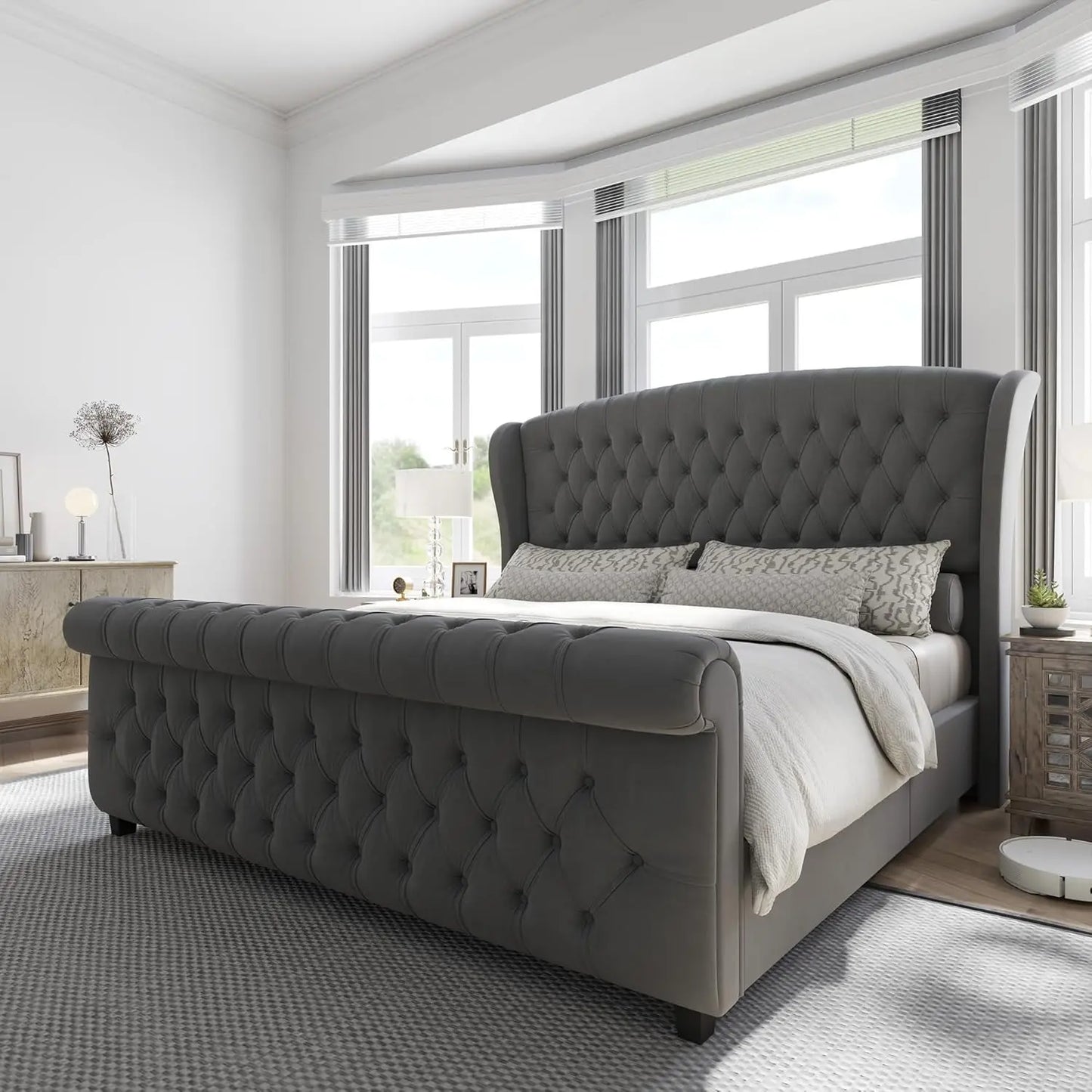 Velvet Upholstered Platform Bed Frame With Scroll Headboard And Footboard