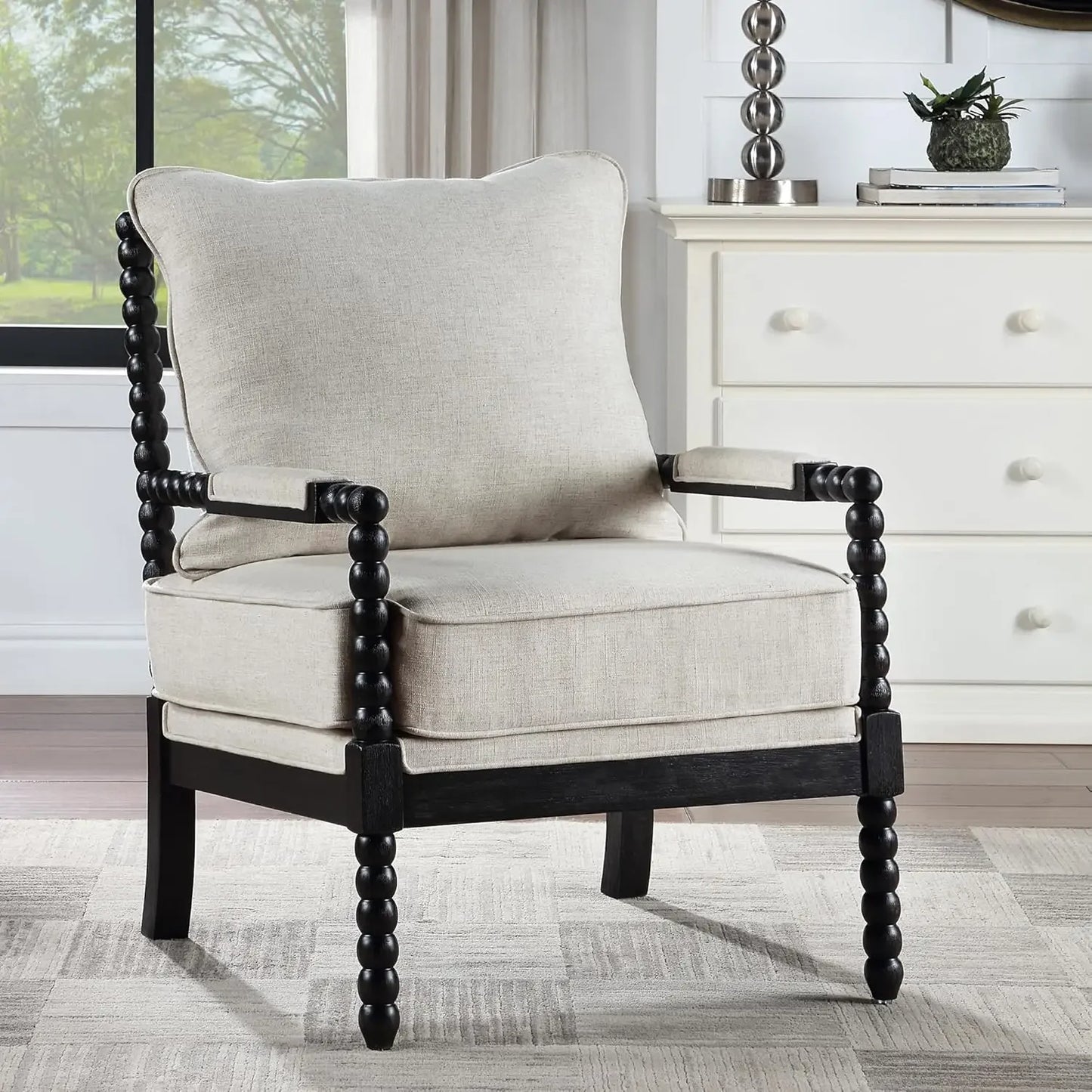 ANGDUO Linen Spindle Arm Chair With Wood Frame Dining Chair