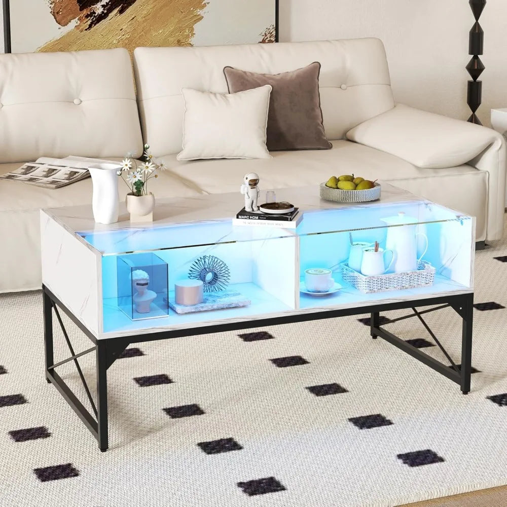 Led Coffee Table With Tempered Glass Top And Storage Cubes