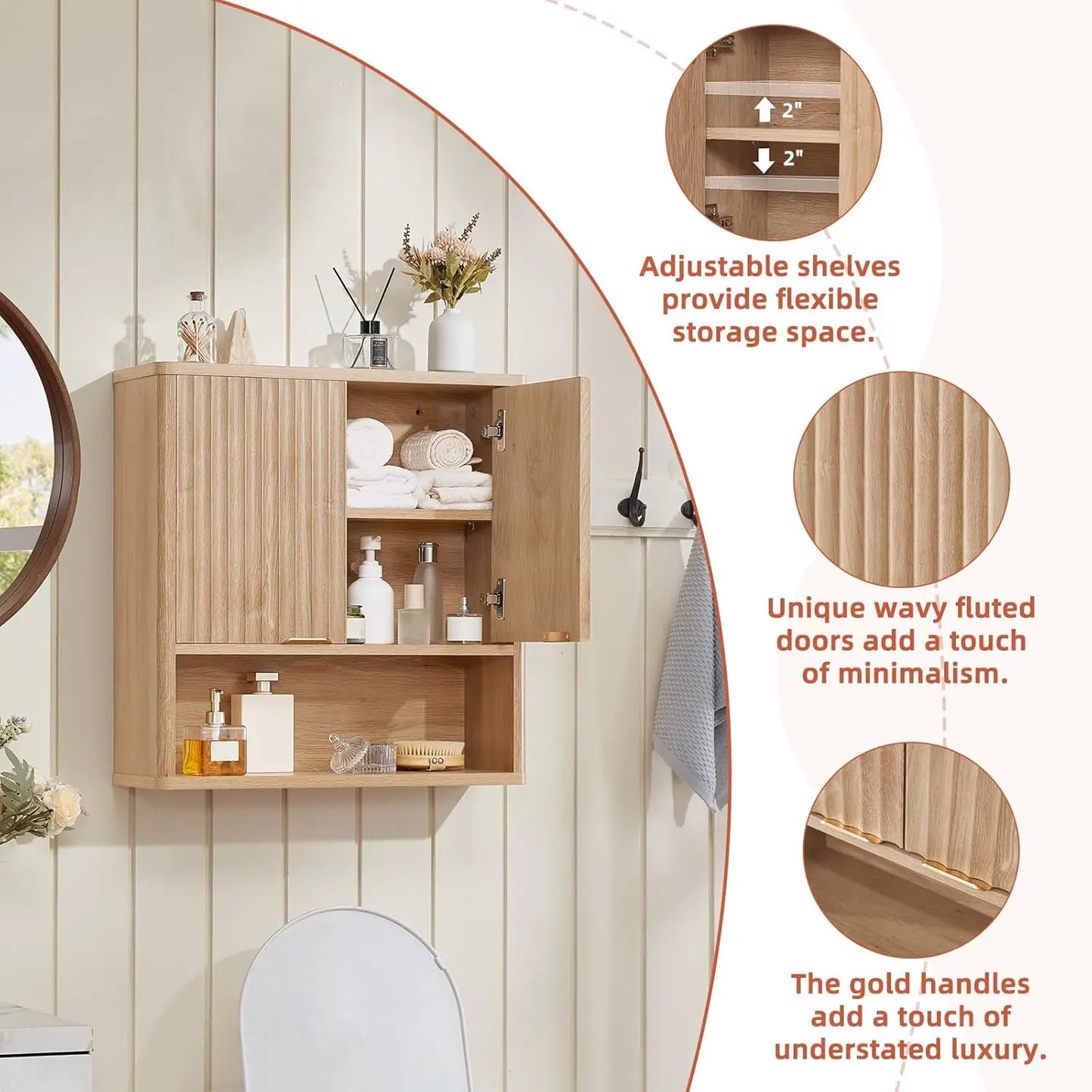 Fluted Over Toilet Storage Cabinet Set Farmhouse Bathroom Wall Organizer