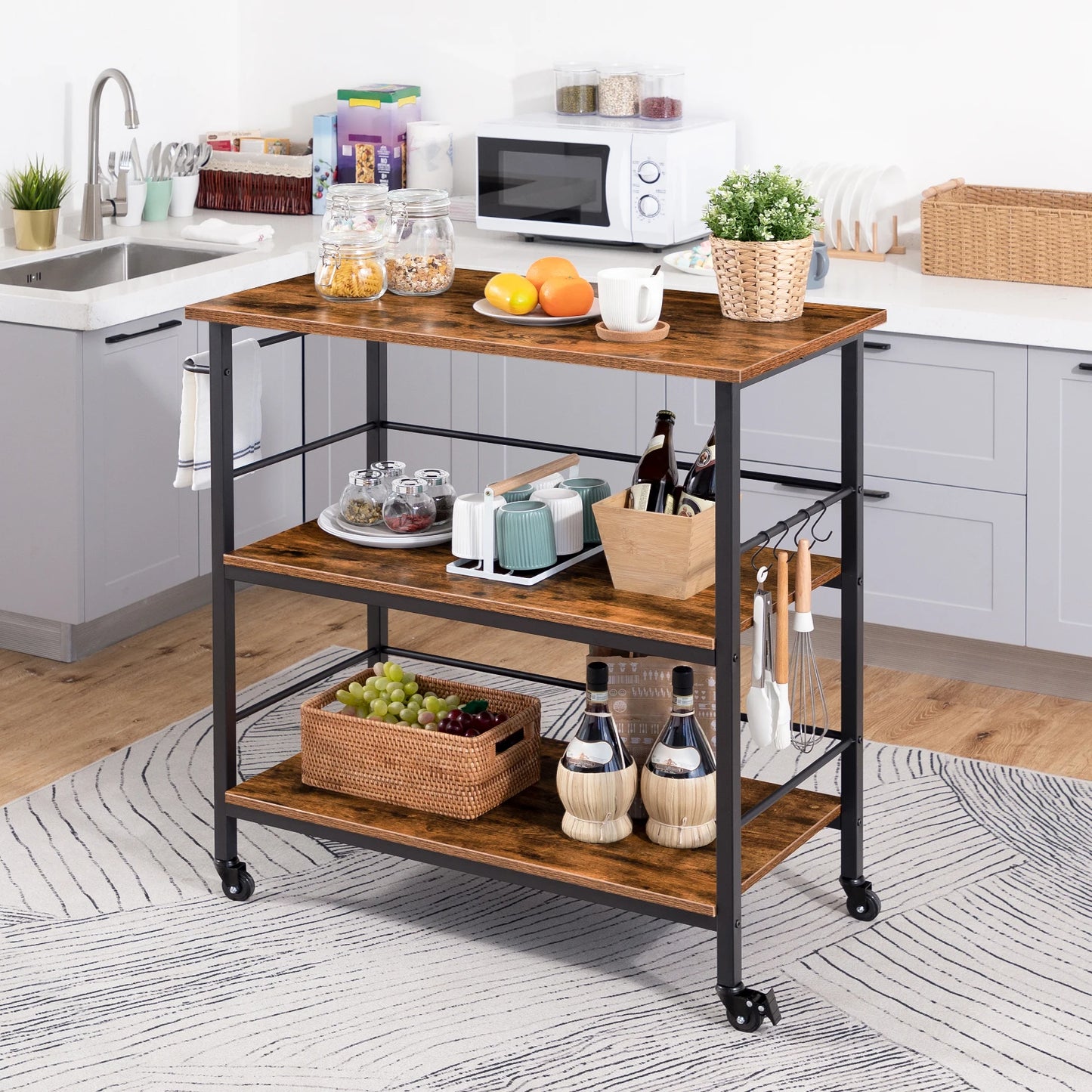 HOOBRO Kitchen Island Cart With Storage And Hooks Shelves