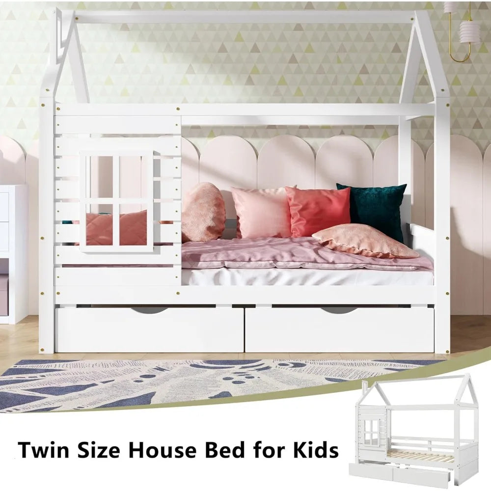 MKDK Kid House Bed Frame With Window And Roof With 2 Drawers