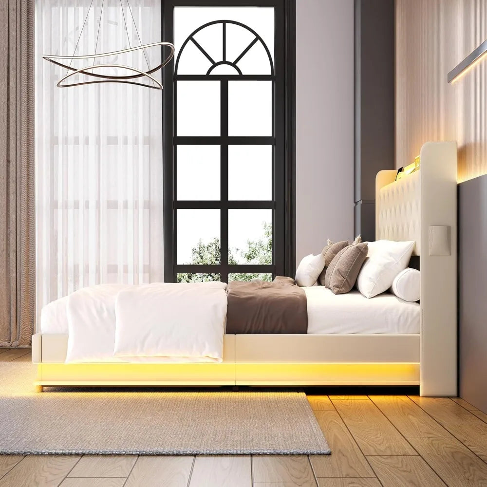 Lift Up Storage Bed With LED Lights And Charging Station