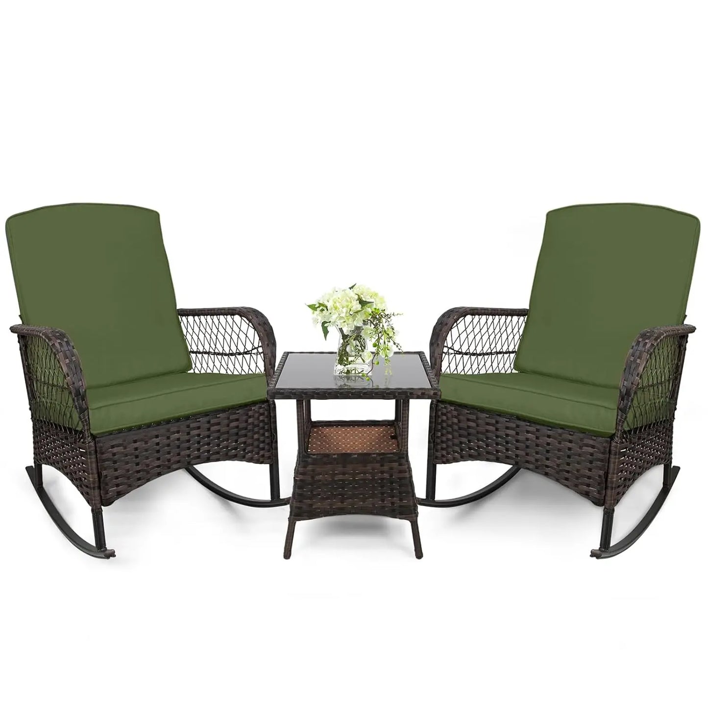 Outdoor Rocking Bistro Set With Glass Table PE Wicker 3-Piece