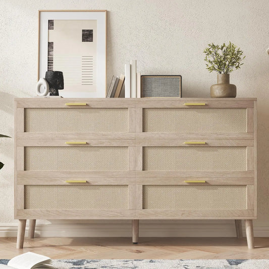 HiMISS Rattan 6 Drawer Dresser Mid Century Modern Chest