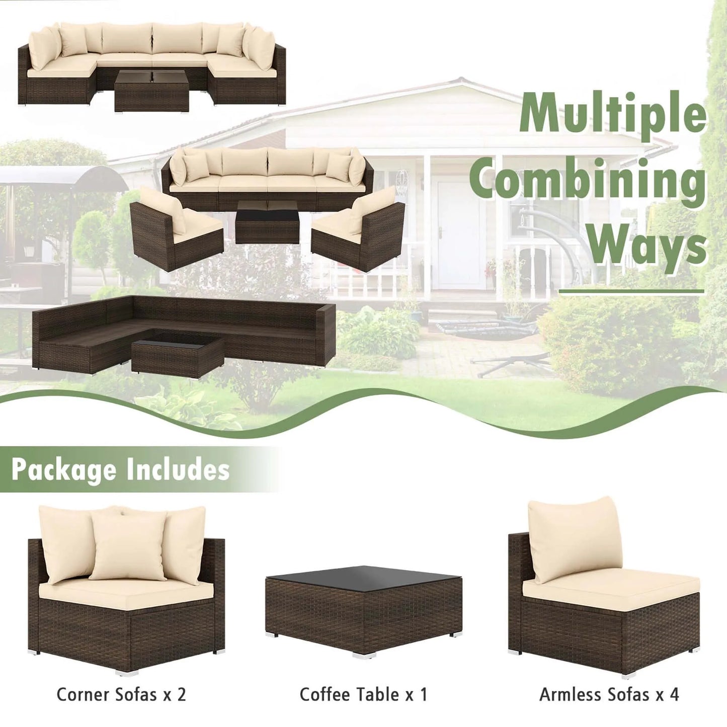 Homasis 7 Piece Patio Rattan Furniture Set Cushioned Sofa