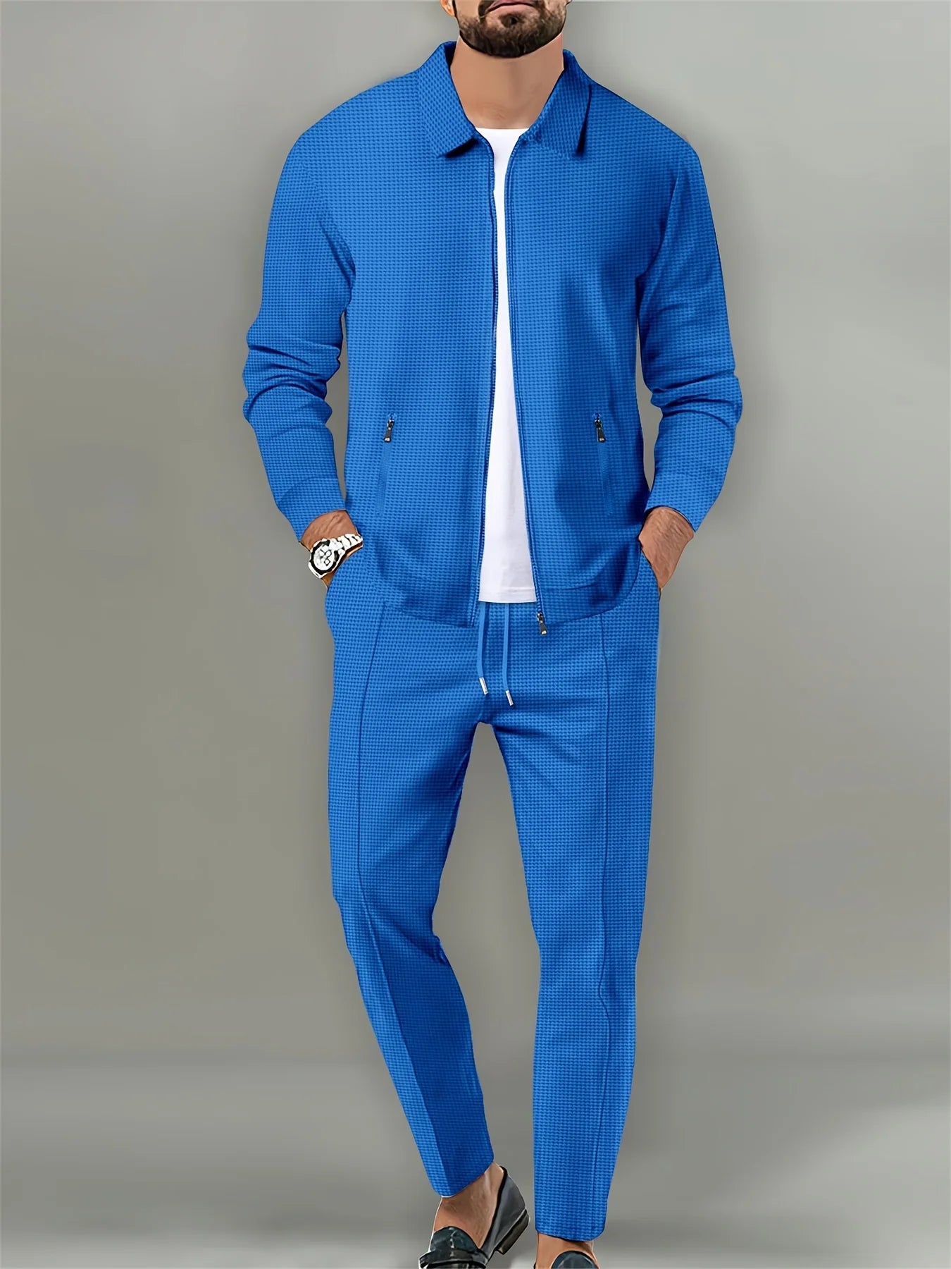 Men Waffle Knit Zipper Cardigan Jacket For Casual Outdoor Wear