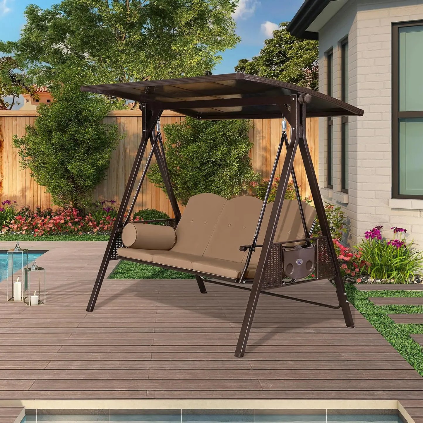 Outdoor Patio Swing With Adjustable Canopy And Cup Holders