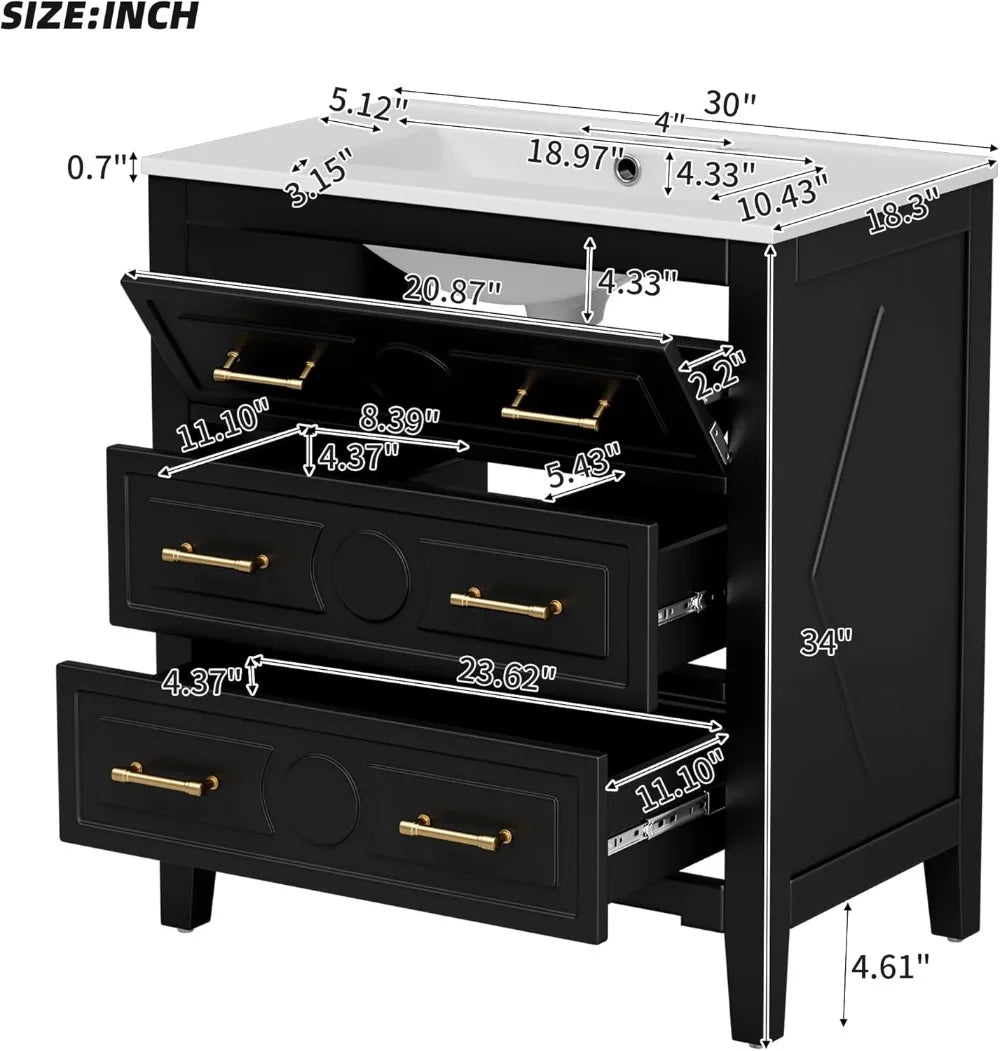 Oak Solid Wood Bathroom Vanity With Ceramic Sink And 3 Drawer Cabinet Gold Pulls