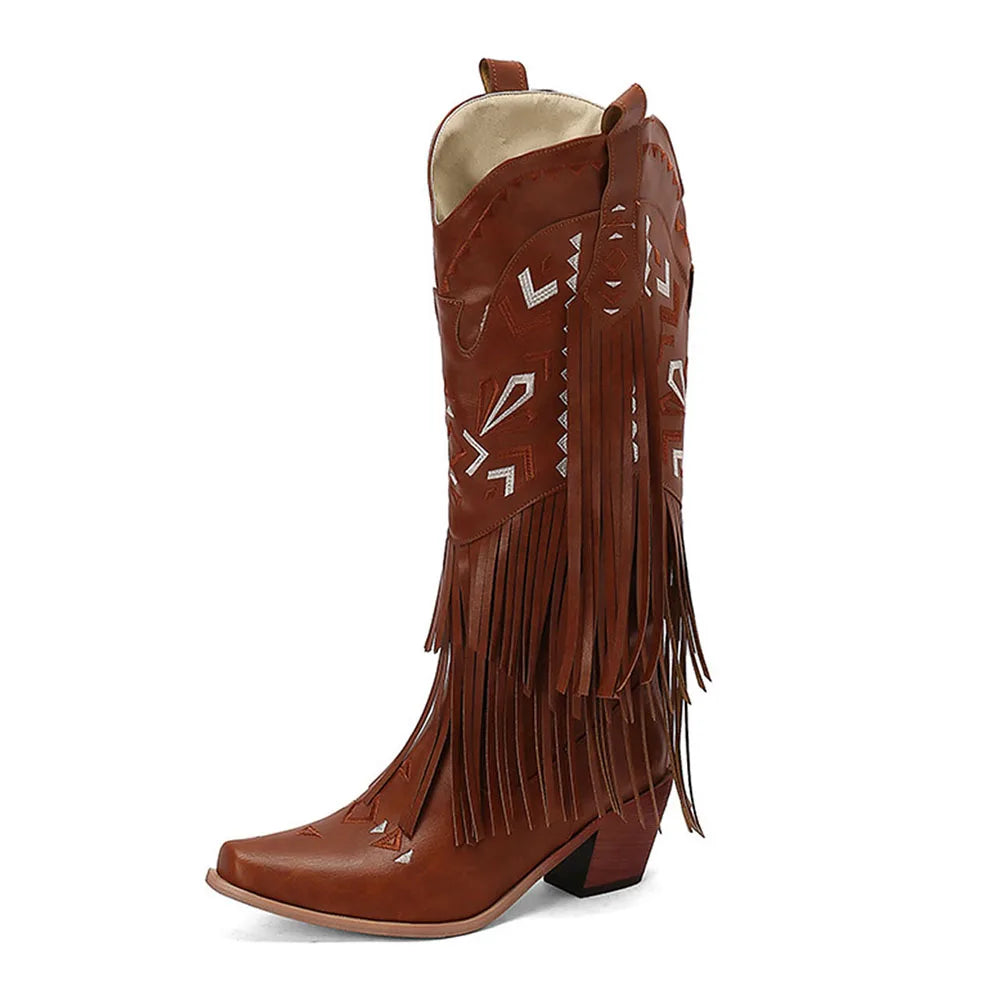 GIGIFOX Retro Tassel Embroidered Cowgirl Western Boots MidCalf