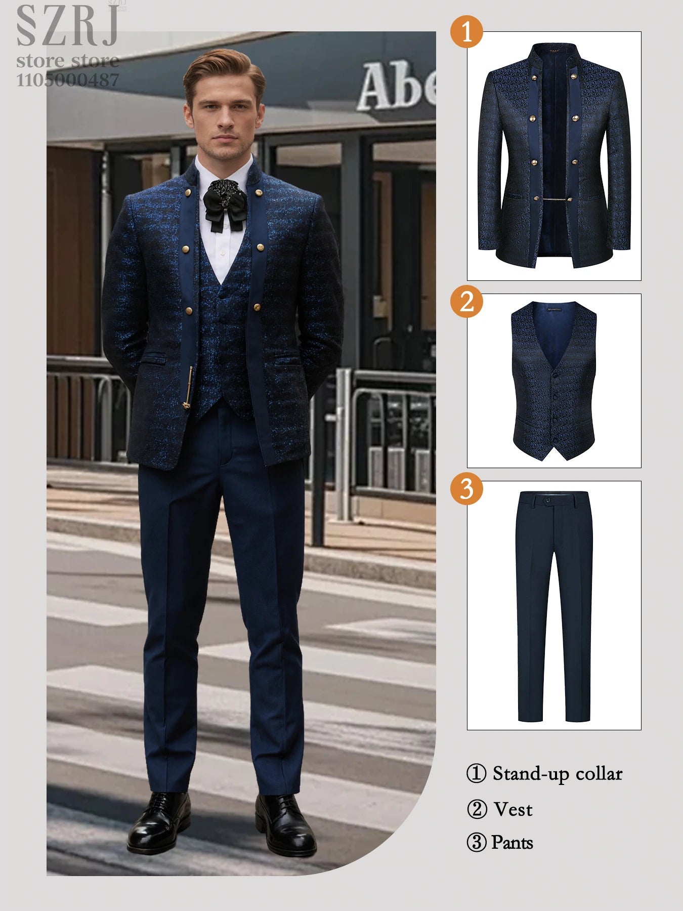 Men's Floral Three Piece Tuxedo Suit With Double Breasted Vest