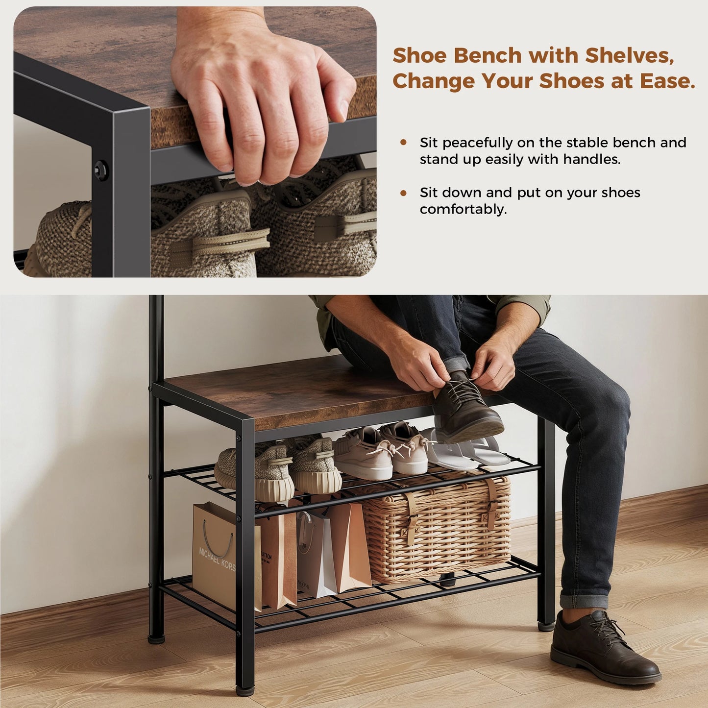 JHK 4-In-1 Coat Rack With Shoe Bench Storage Organization