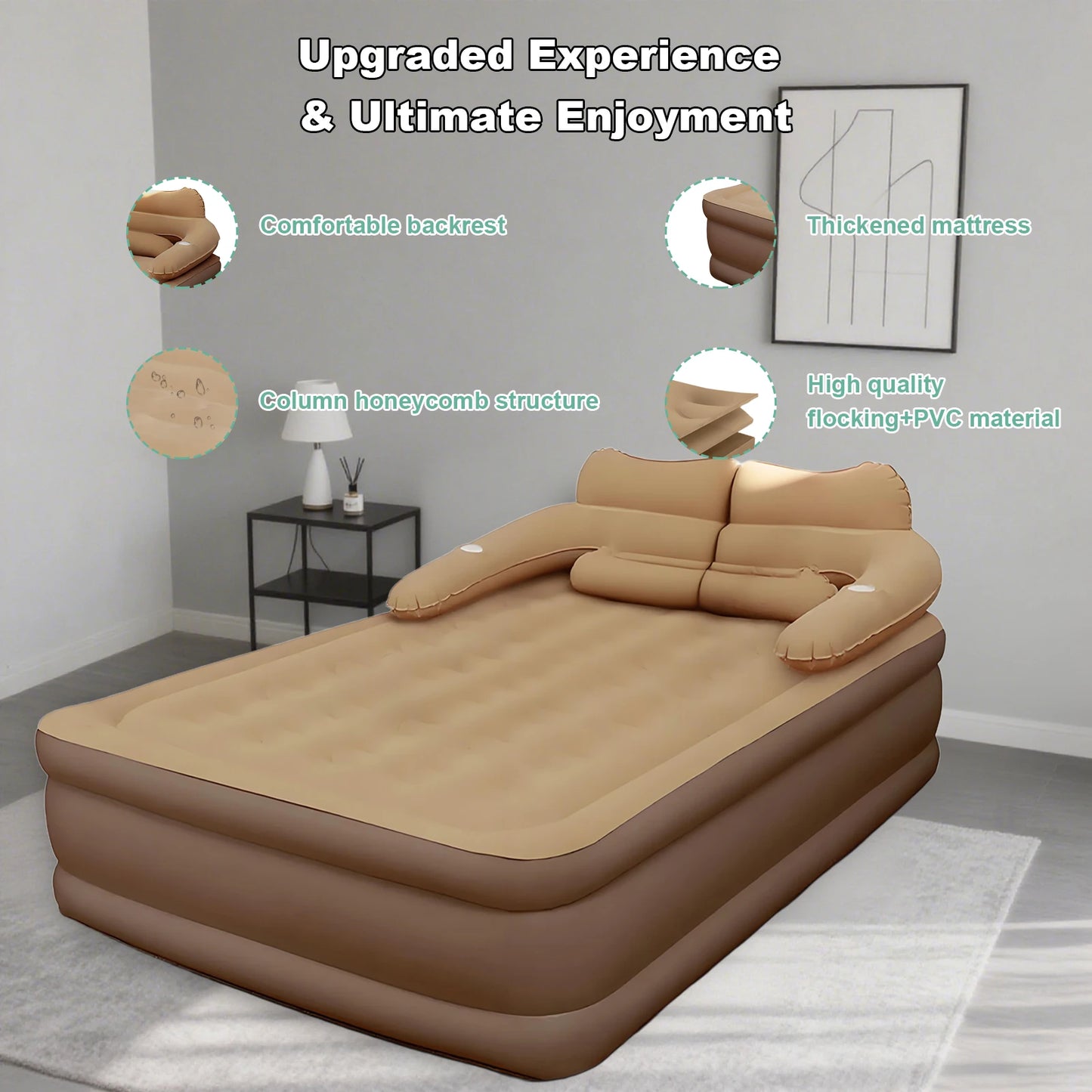 Air Mattress With Headboard Inflatable Bed With Electric Pump