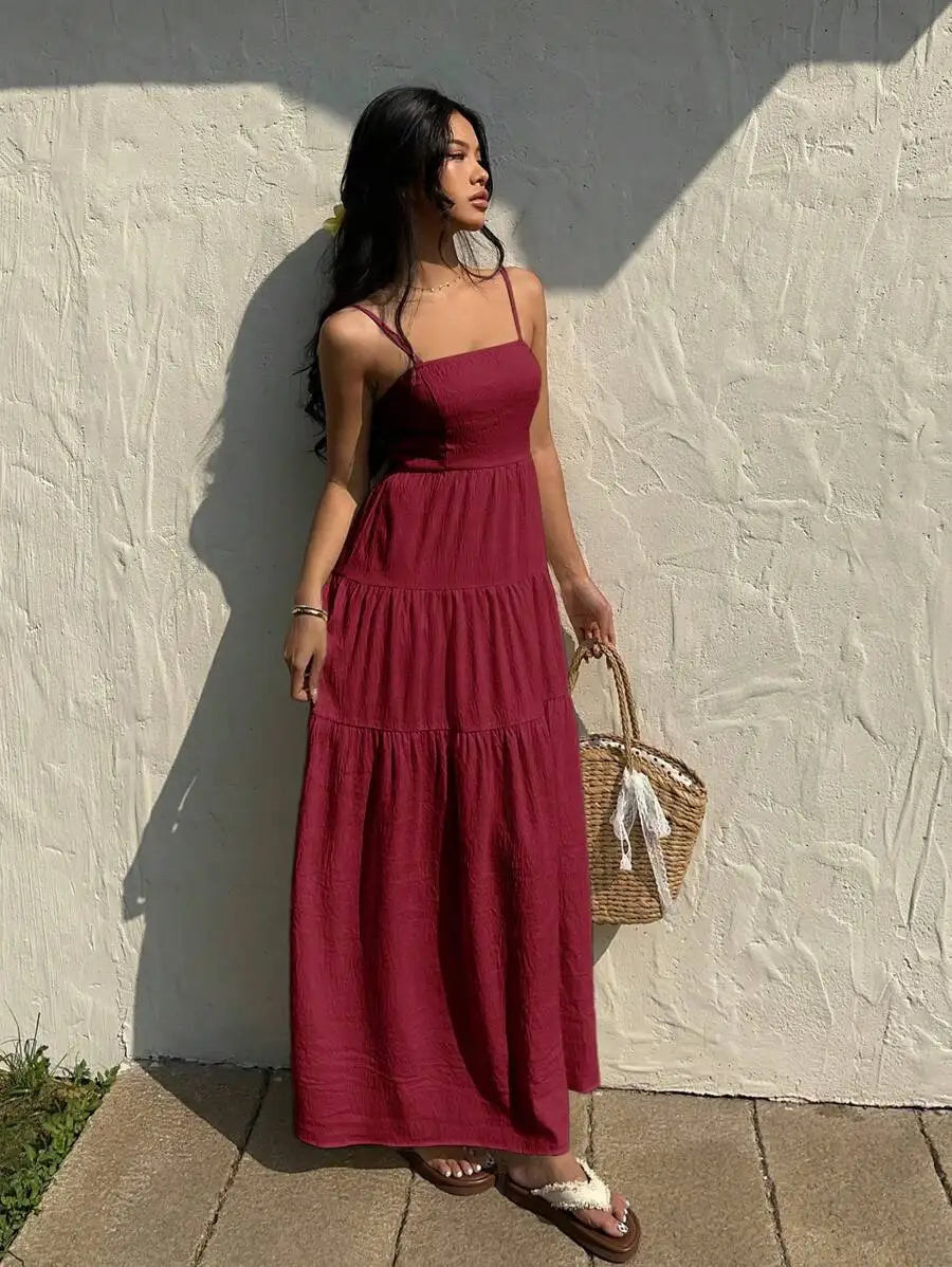 Textured Tiered Camisole Maxi Dress With Adjustable Straps