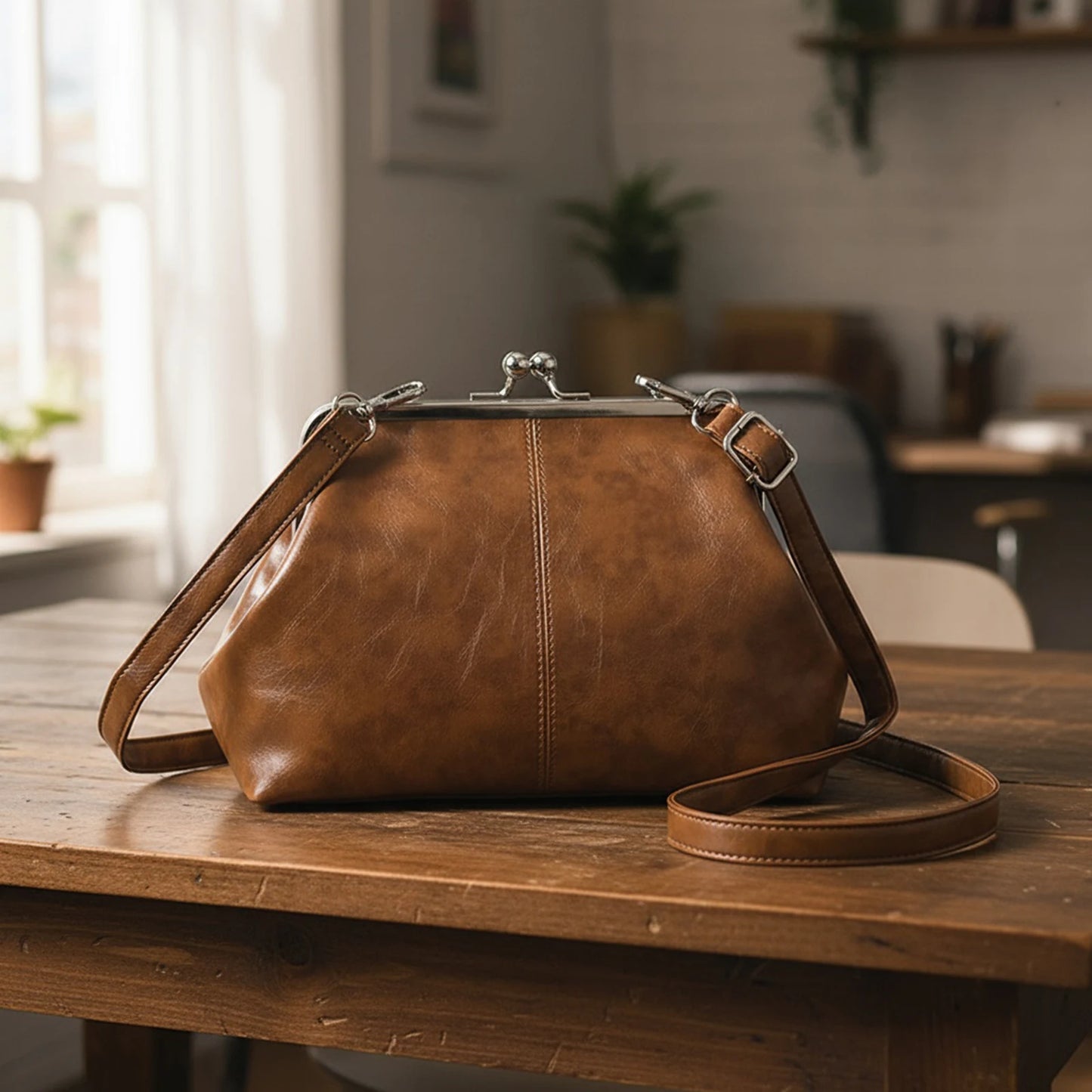 PU Leather Shoulder Bag For Women Adjustable Strap Kiss Lock