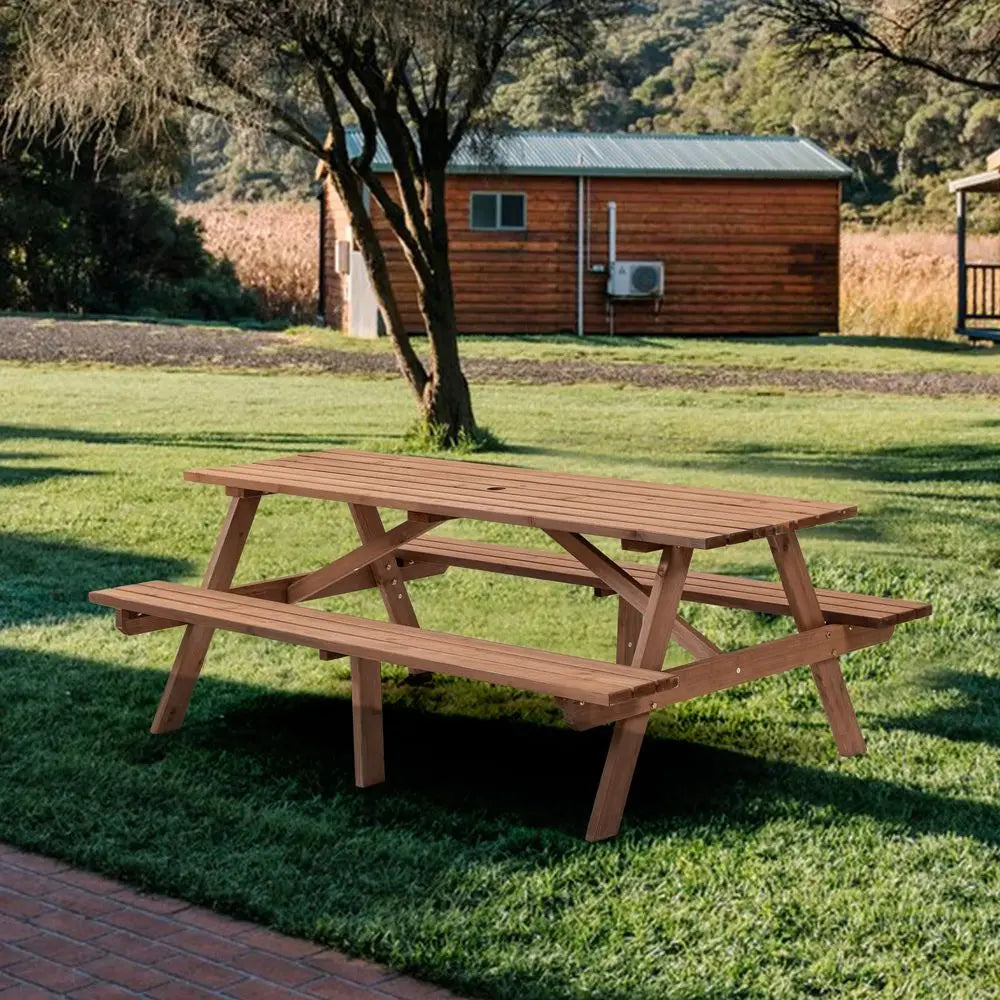 Outdoor Fir Wood Table With Bench Patio Dining Set