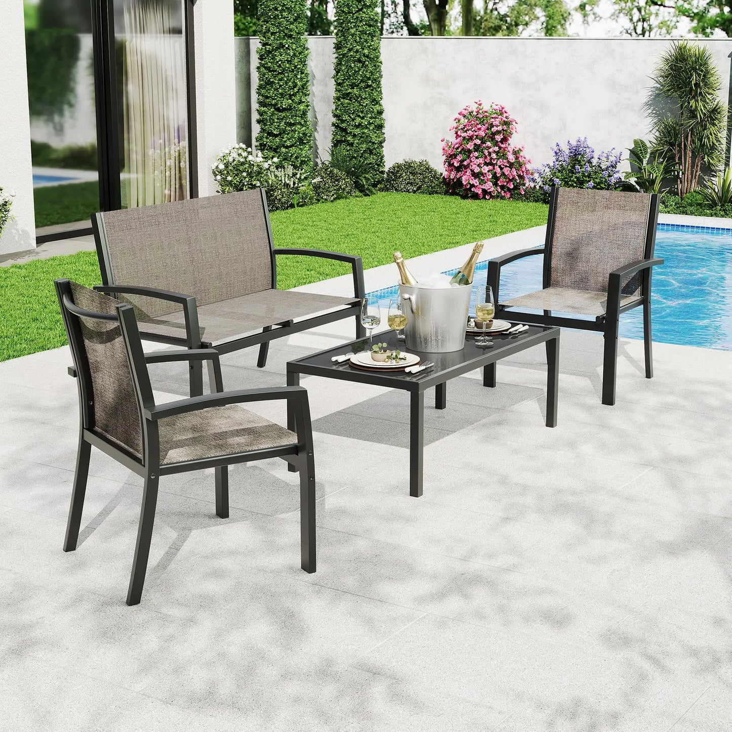 HobbyLane Modern 4-Piece Metal Patio Set With Textilene Mesh