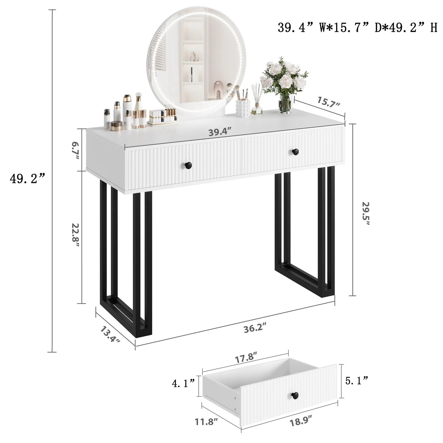 HiMISS Vanity Desk With LED Mirror And Lights 2 Drawers