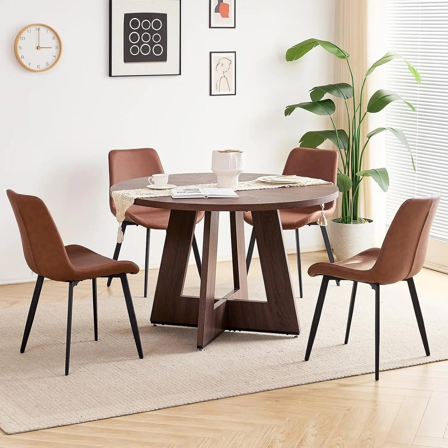 Round Mid-Century Dining Table Set With Metal Legs And Chairs
