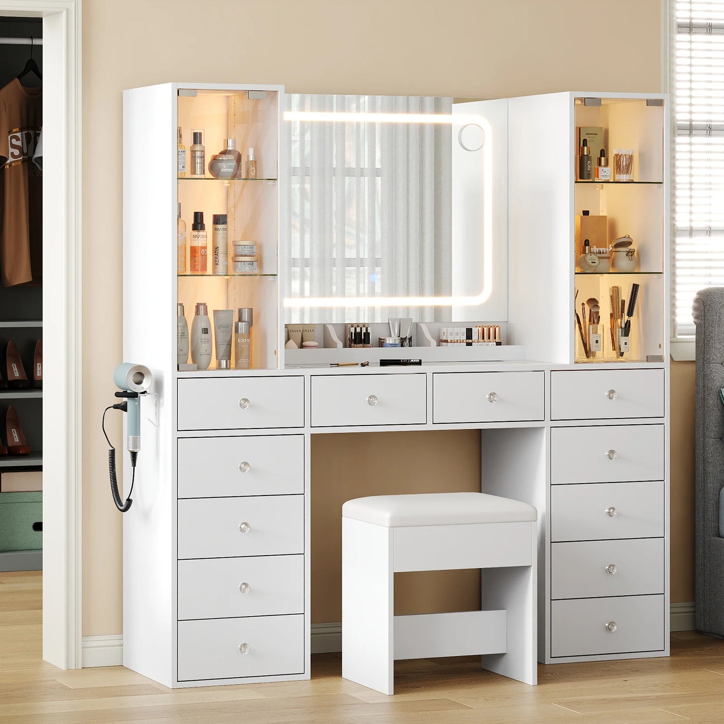 Wooden Vanity Desk With Mirror For Bedroom Makeup Station