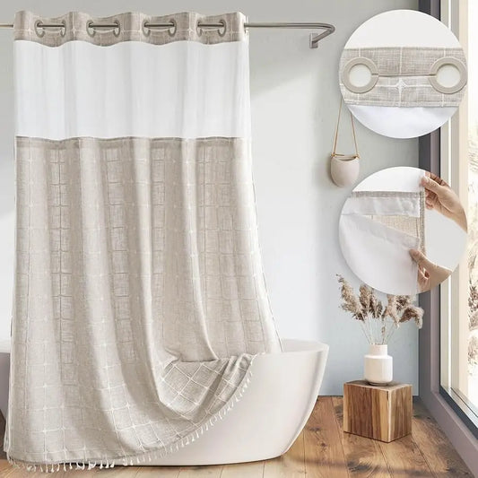 Rier Dream Farmhouse Linen Shower Curtain With Snap-In Liner
