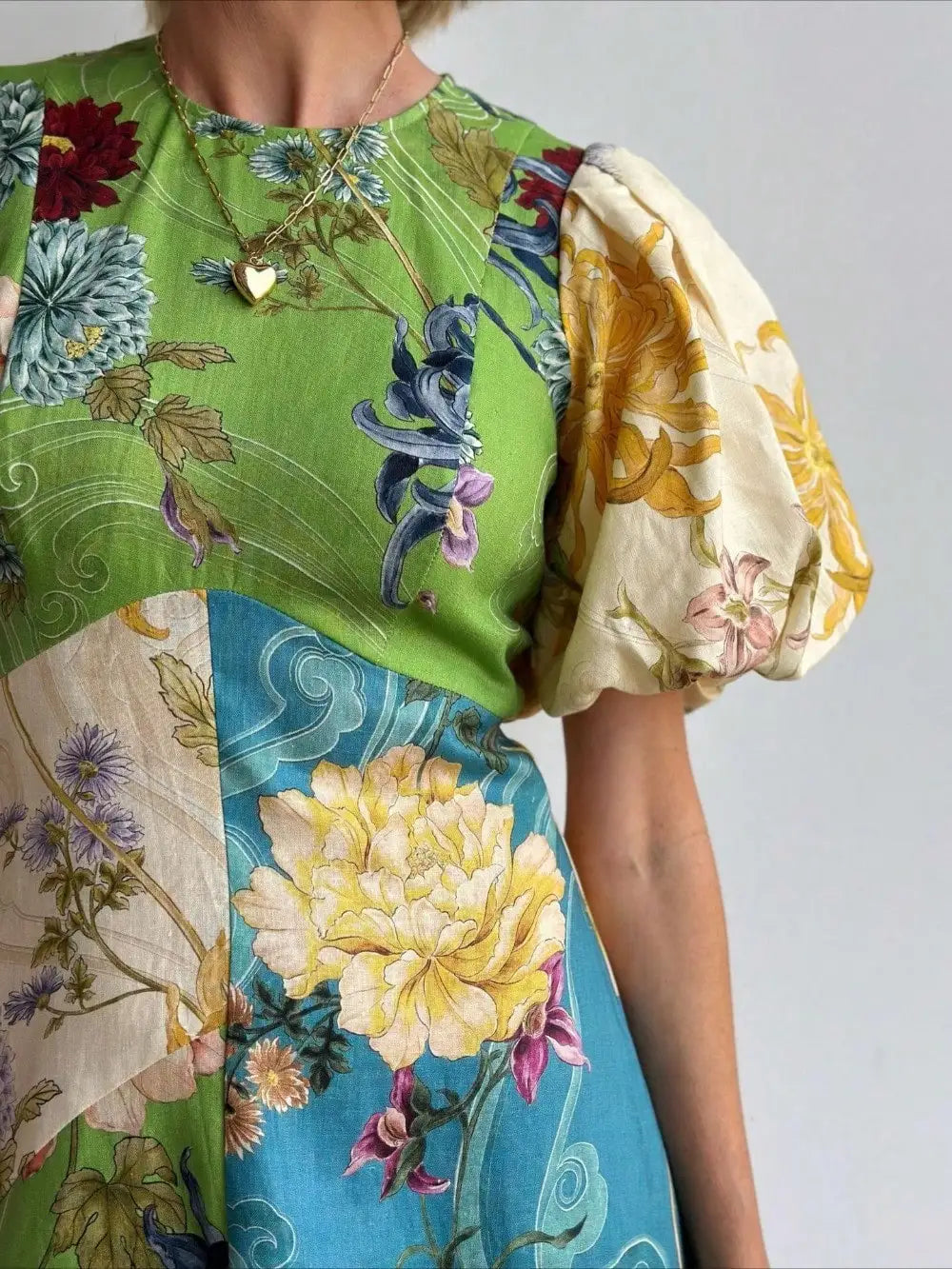Linen Floral Patchwork Lantern Sleeve Midi Dress For Women