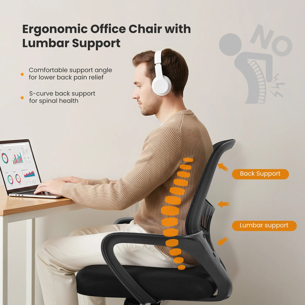 MCQ Ergonomic Mid Back Office Desk Chair With Fixed Armrests