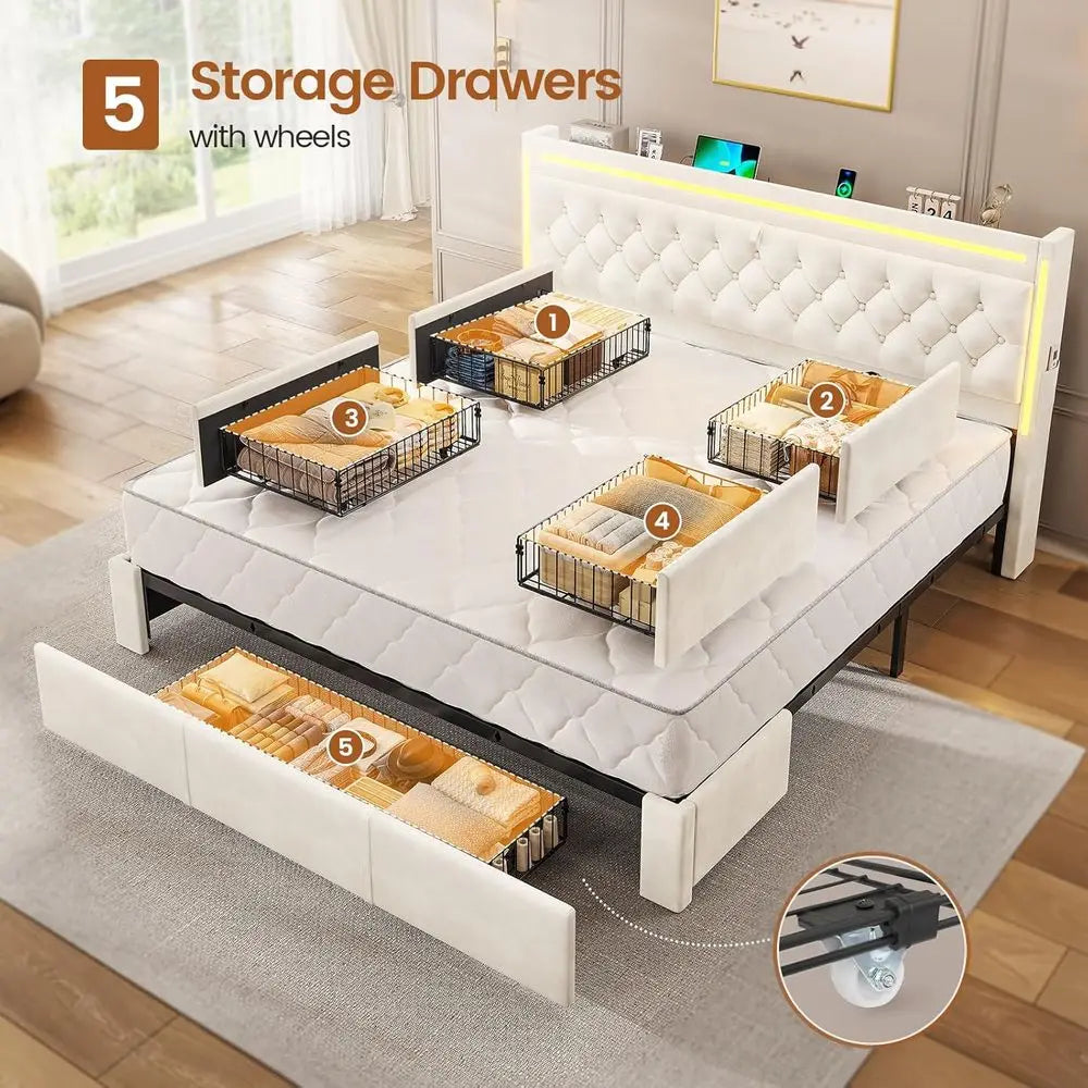 LED Upholstered Bed With 5 Drawers And Charging Station