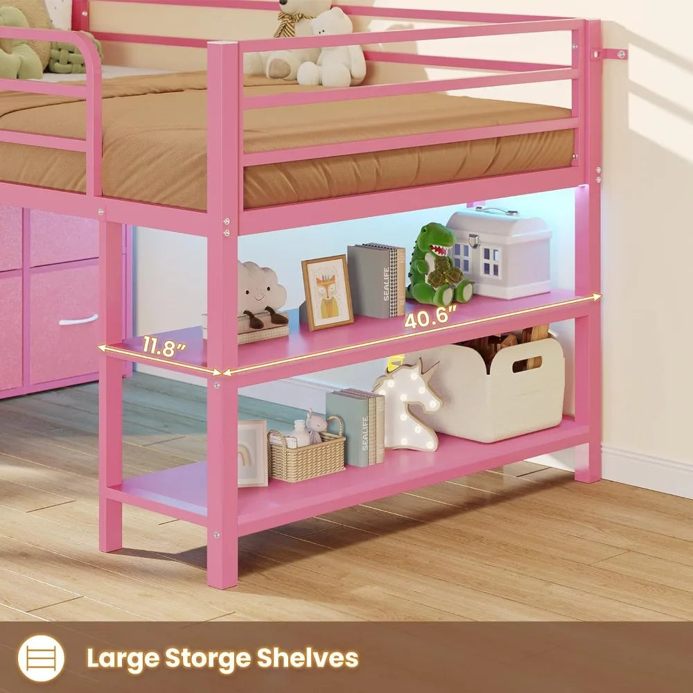 Loft Bed With LED Lights, 6 Drawers, Shelves And Guardrail