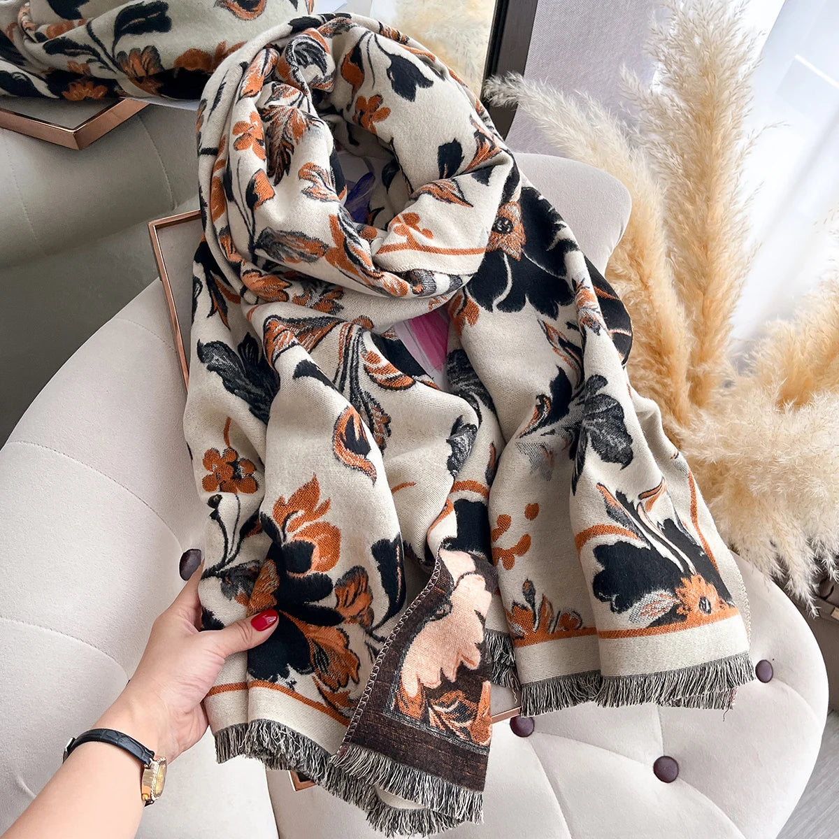 Floral Print Winter Scarf For Women Warm Polyester Shawl Wrap