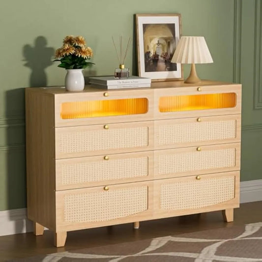 MKDK Rattan Dresser With 8 Drawers And LED Lighting