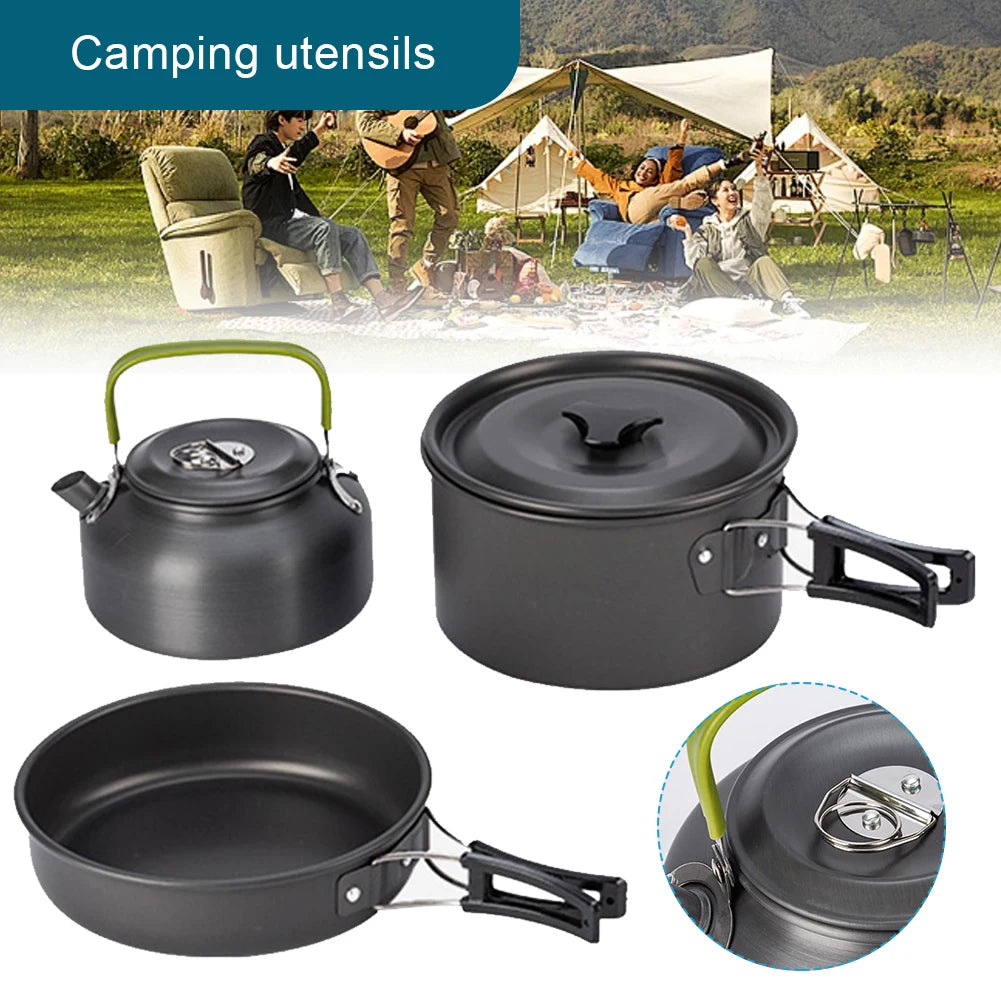 Outdoor Camping Cookware Set 3-Piece Pot Pan Kettle Kit