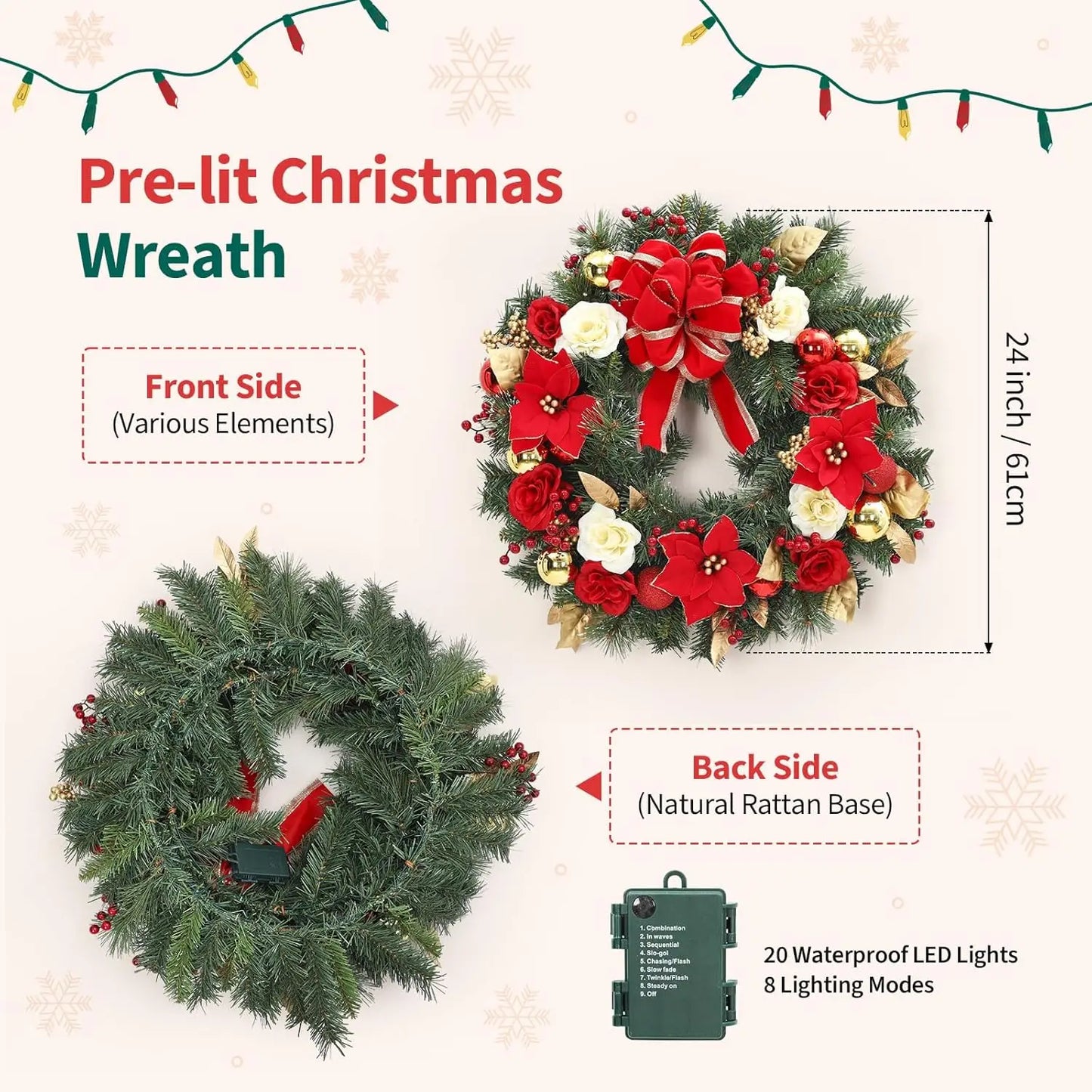 Guangdong Prelit Christmas Wreath With Lights Front Door Bow