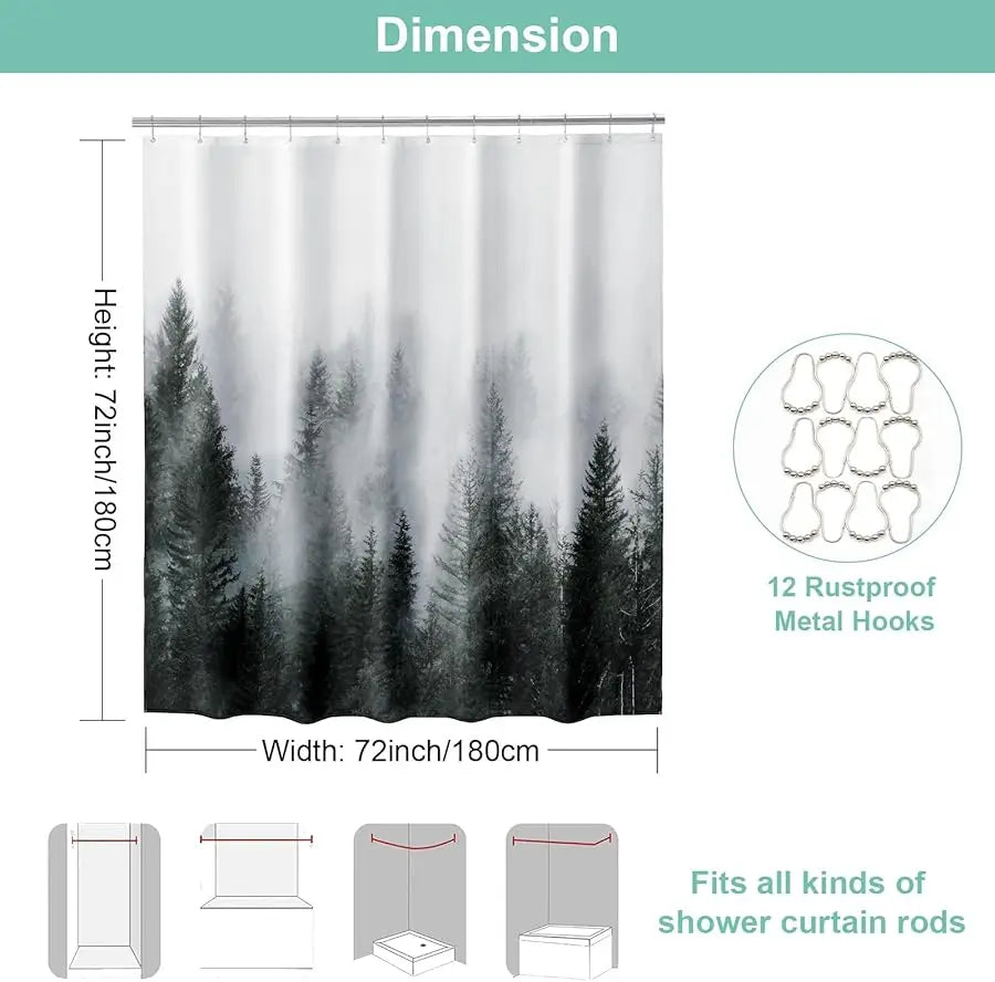 Forest Shower Curtain Set With Hooks For Bathroom Woodland Pine Tree Design