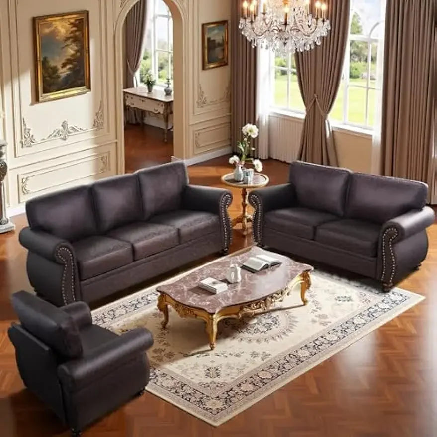Mid-Century Vintage Sofa Couches Set With Rivet Design For Living Room