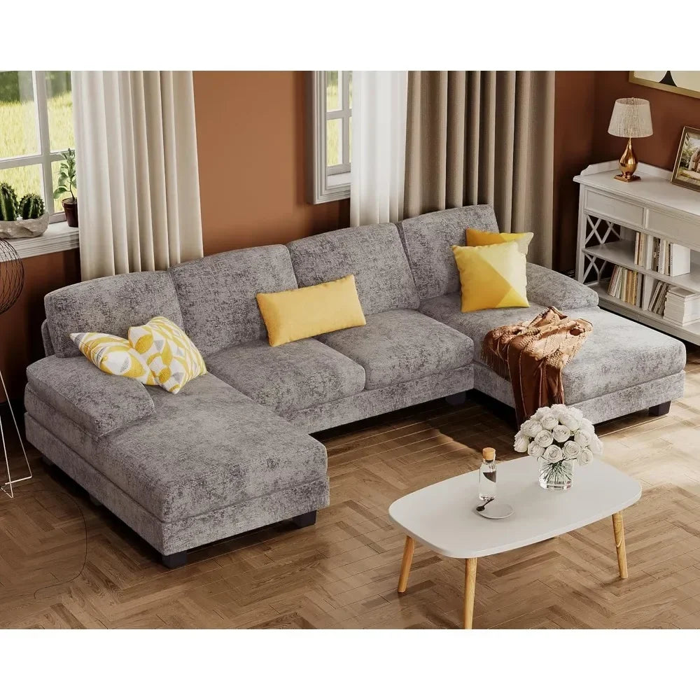 U-Shaped Linen Sectional Sofa For Living Room - 4 Seat Set