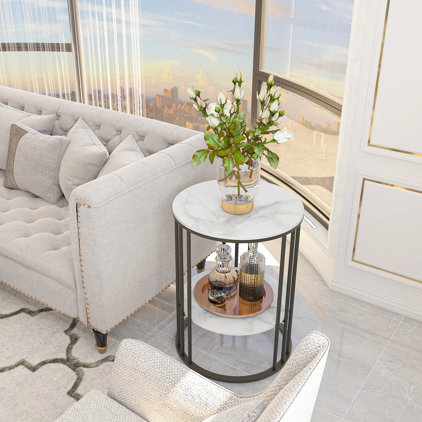 Round Marble Coffee Table With Metal Frame For Living Room
