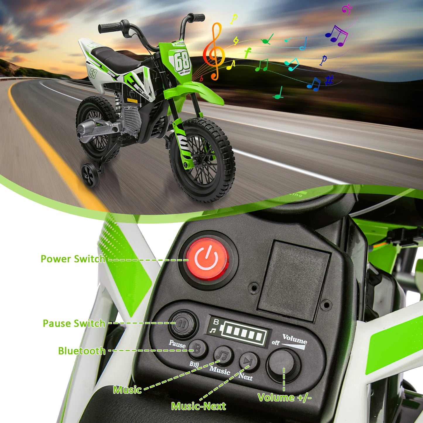 HiMISS 12V Kids Electric Dirt Bike With Twist Grip Throttle Training Wheels