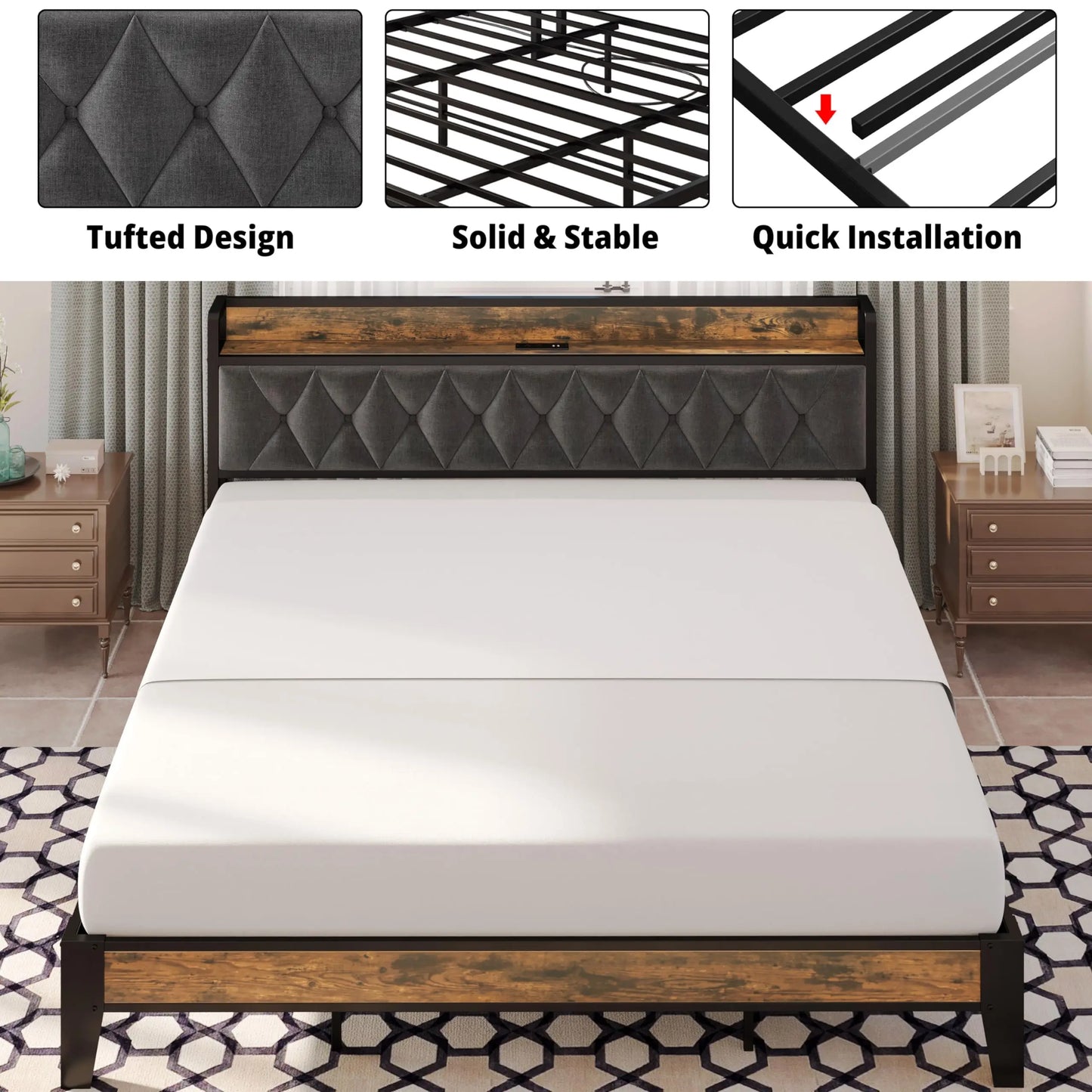 ANCTOR Bed Frame With Storage Headboard And Outlets No Box Spring