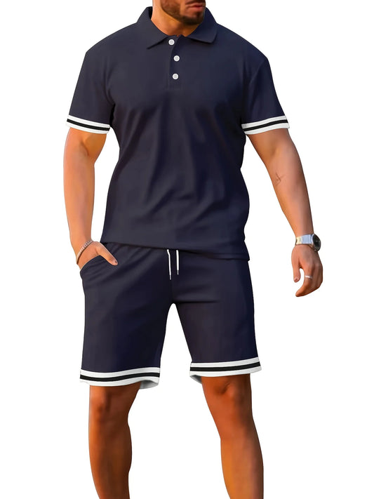 NONECN Men's Summer Short Sleeve Polo And Shorts Two-Piece Set
