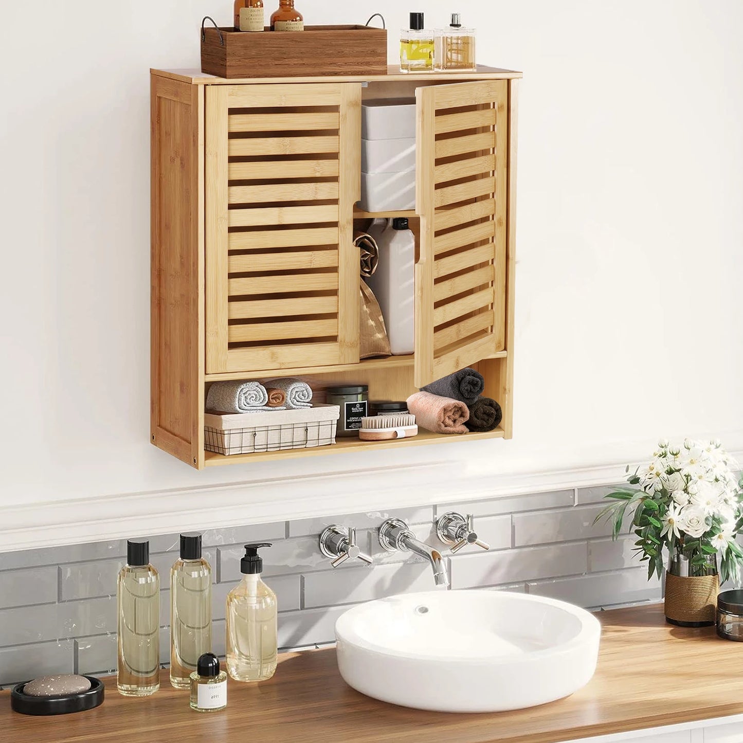 Wisfor Bamboo Wall Mounted Bathroom Cabinet Organizer
