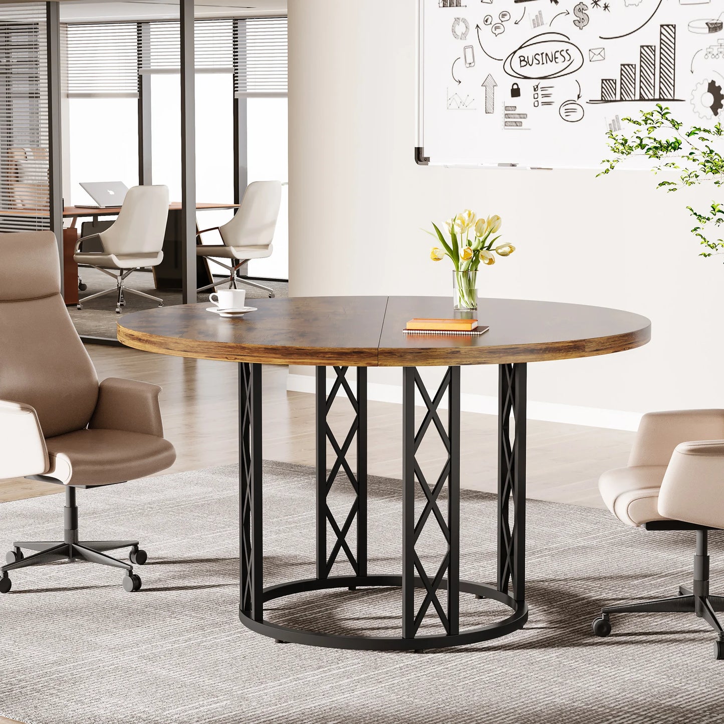Tribesigns Round Wood Dining Table With Sturdy Metal Base