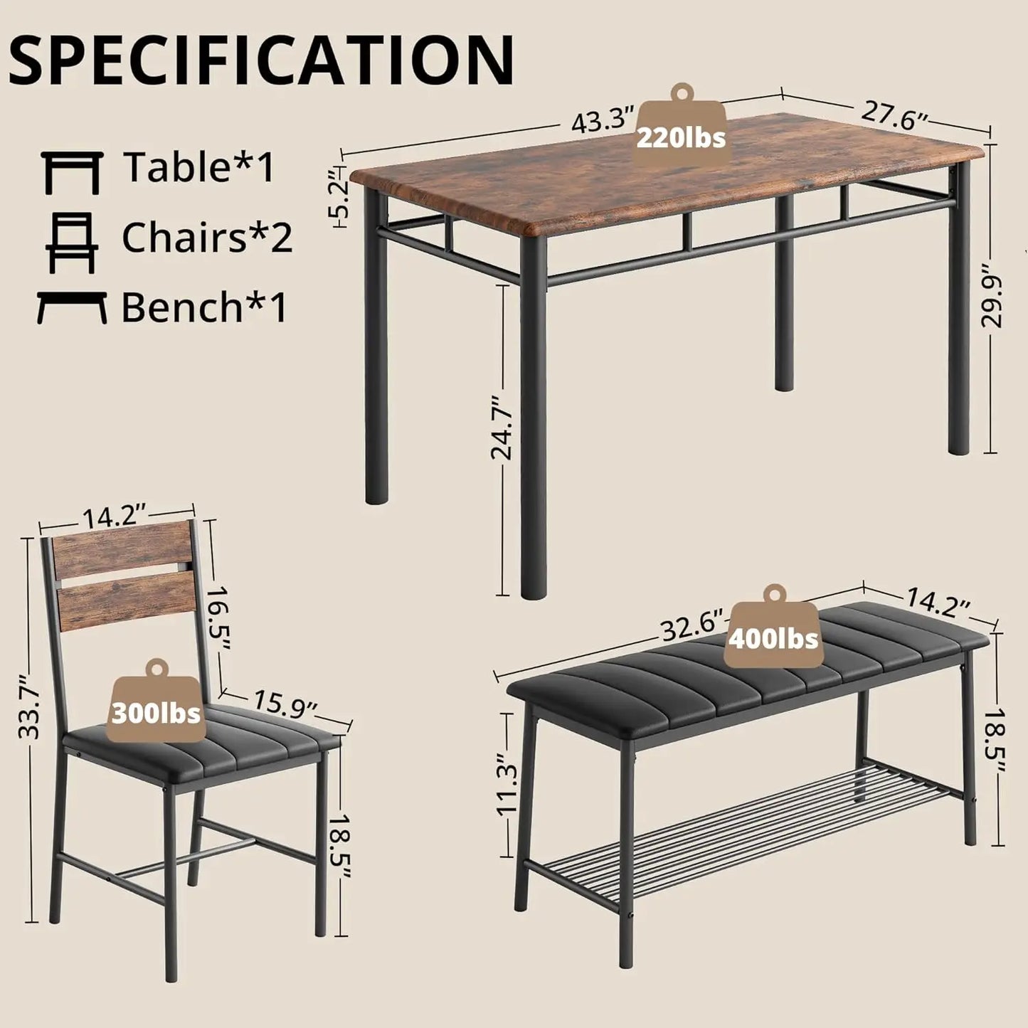 IRONCK Dining Table Set With Upholstered Bench And Chairs