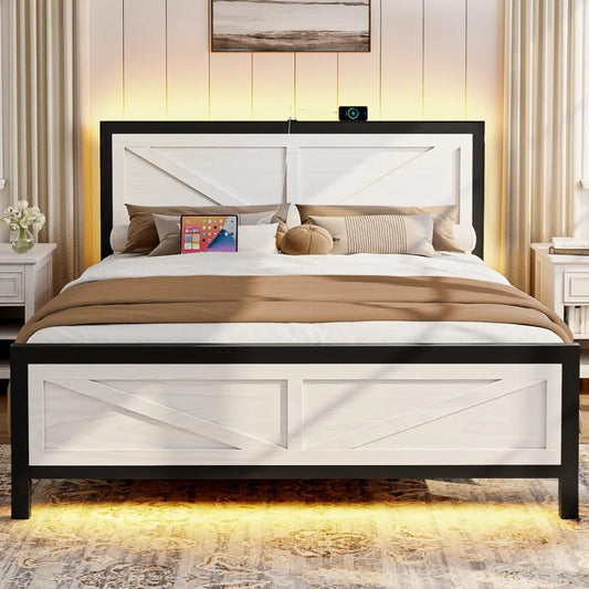 MKDK Bed Frame With Barn Door Headboard LED Lighting