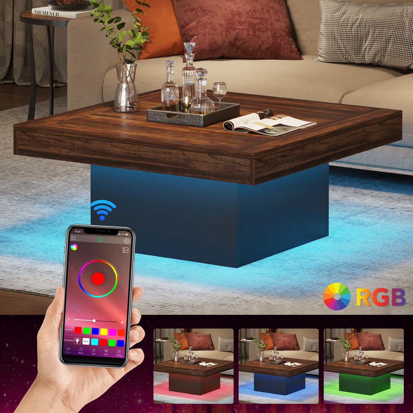 Tribesigns Square LED Coffee Table Engineered Wood Living Room