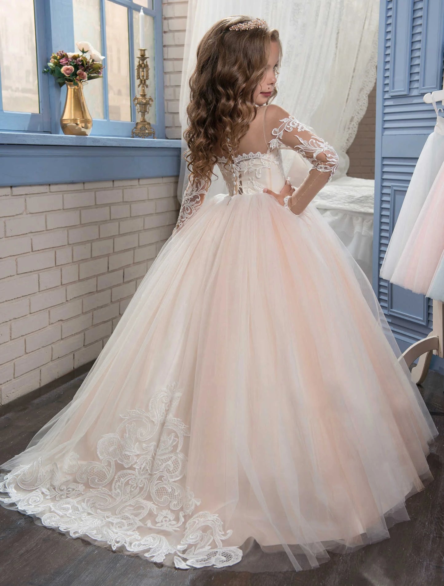 Abaowedding Lace Embroidery Sheer Long Sleeves Girls Gowns