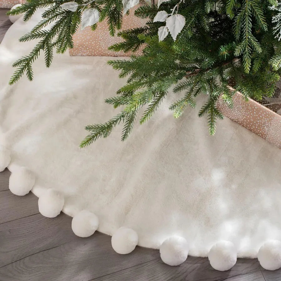 Soft Faux Fur Christmas Tree Skirt With Pom Pom Accents