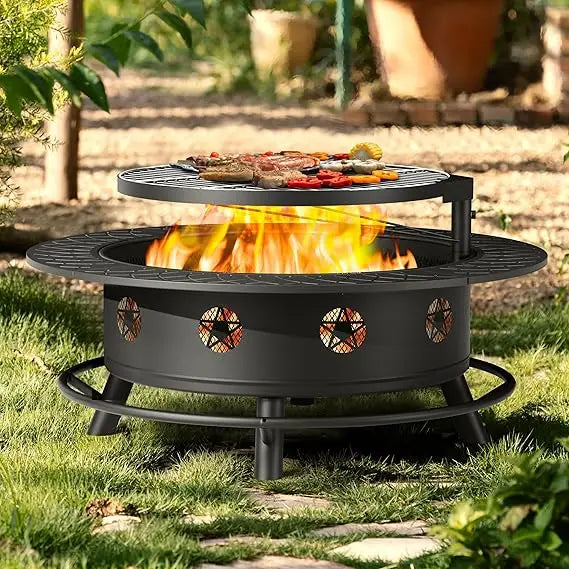 Sunoutl Fire Pit With BBQ Grill Outdoor Wood Burning